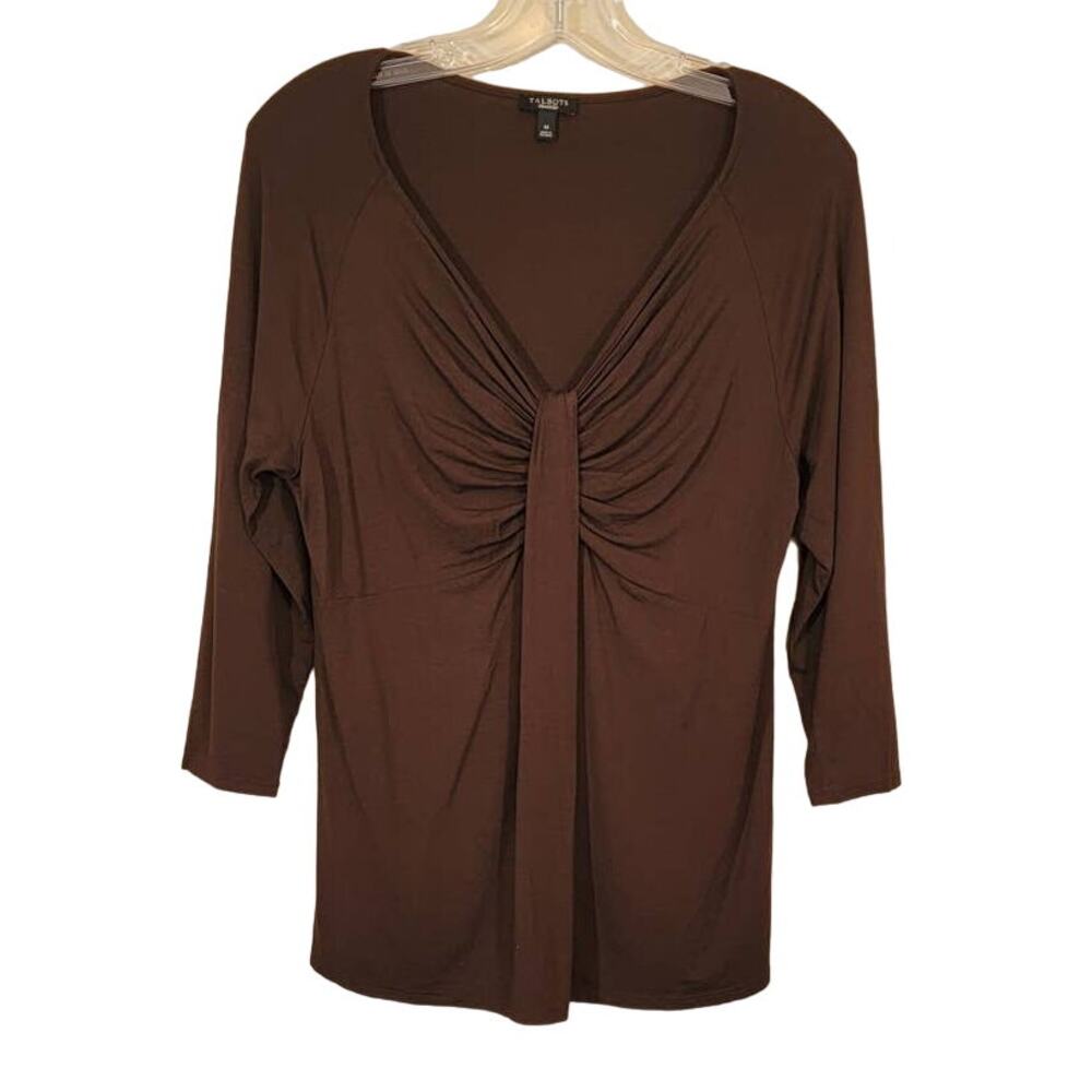 Talbots Women's Ruched Front Top Jersey Knit Stretch Soft Pullover Brown Medium